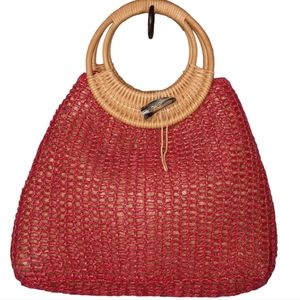 Coldwater Creek Pink Crochet Straw Ring Handle Purse